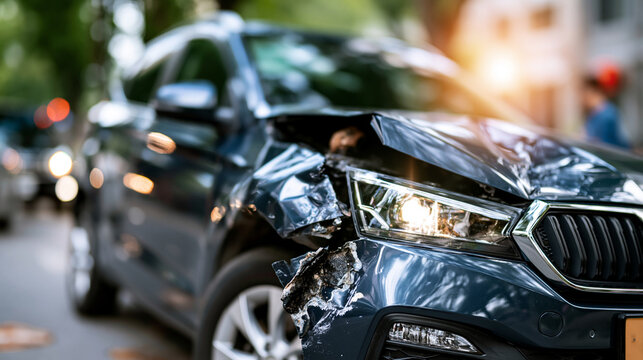 Damaged dark vehicle after severe accident showing impact area in bright assessment environment comprehensive accident documentation with systematic damage analysis and