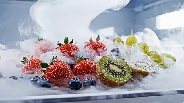 ​Cinematic Close-up of Chilled Mixed Fruits with Swirling Cold Vapor in Modern Fridge