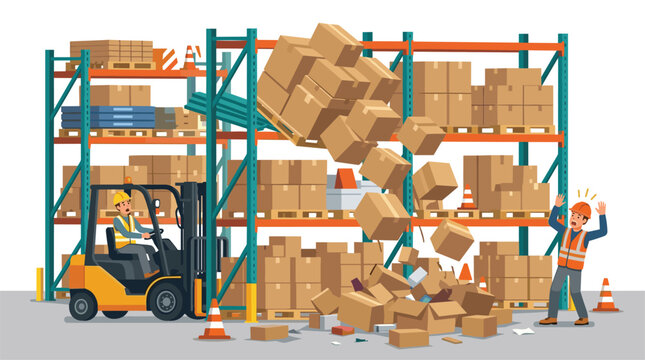A yellow forklift accidentally drops a tall stack of cardboard boxes in a warehouse causing a worried worker to react with shock on a neutral floor background.