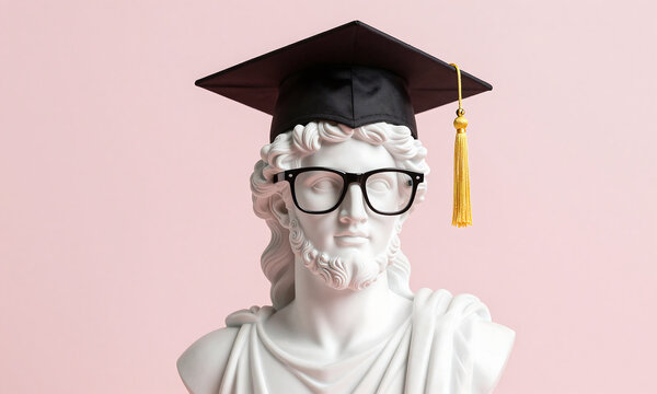 whimsical sculpture greek god apollo depicted modern attire donning trendy glasses graduation cap set soft serene