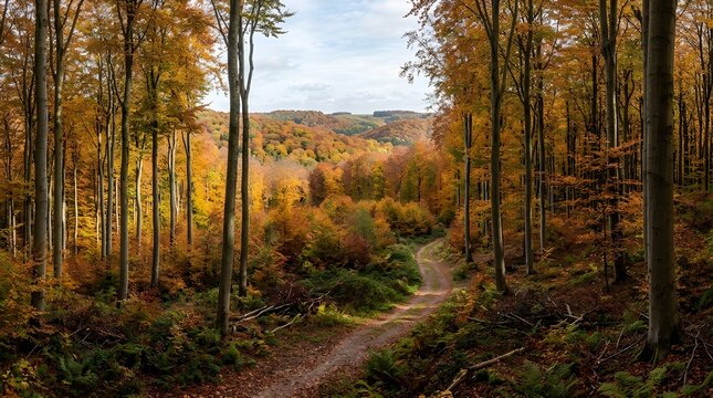 Scenic autumn forest with a winding dirt path through vibrant orange and yellow beech trees
