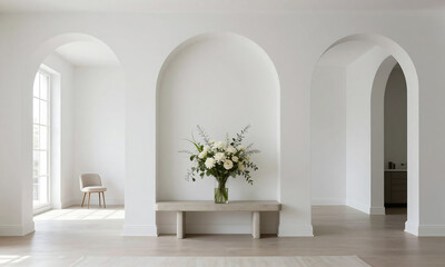 Fototapeta premium wide shot sleek minimalist living room featuring crisp white arched doorways soft natural light lush floral arrangement