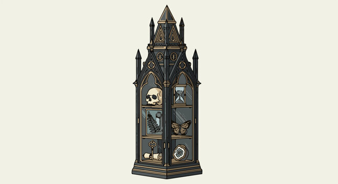 Ornate Gothic display cabinet filled with curious artifacts