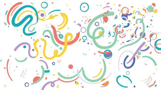 Seamless vector illustration of colorful confetti circles and rainbow swirls on a white background for a festive birthday card or summer floral ornament design