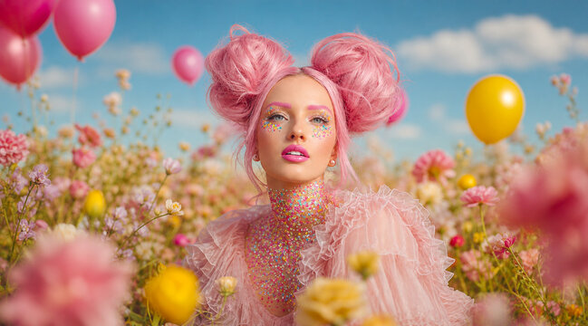 Whimsical fashion portrait of a pink-haired woman among flowers and balloons.