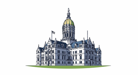 Obraz premium Ornate government building with a golden dome and American flag