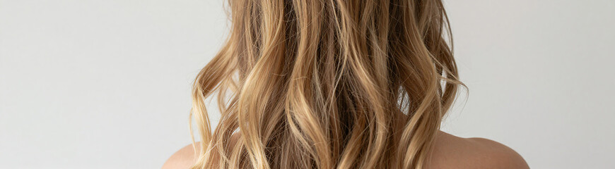 Fototapeta premium woman back facing camera revealing loose wavy blonde hair cascading neck shot soft natural