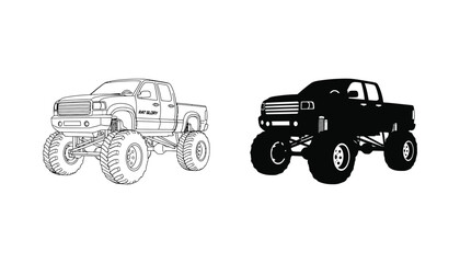 Monster truck side view vector illustration in outline and solid black silhouette for automotive decal design © Elevate