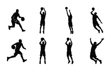 Basketball Player Silhouettes: Dynamic Action Poses, Sports Vector Graphics, Athlete Movements, Dunking, Shooting, Dribbling, Jumping, Athletic Performance © Saimon