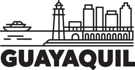 Obraz premium Guayaquil skyline with boat and lighthouse in outline style on white background graphic design