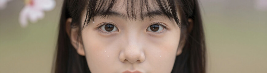 Fototapeta premium young girl face centered tight surrounded delicate petals tiny droplets water glistening soft natural