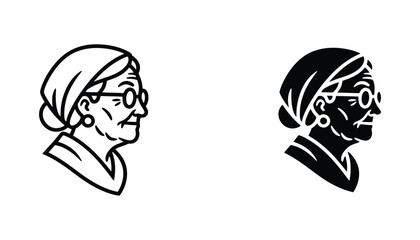 Senior woman profile portrait icon set in outline and solid black vector for elderly care branding © Elevate