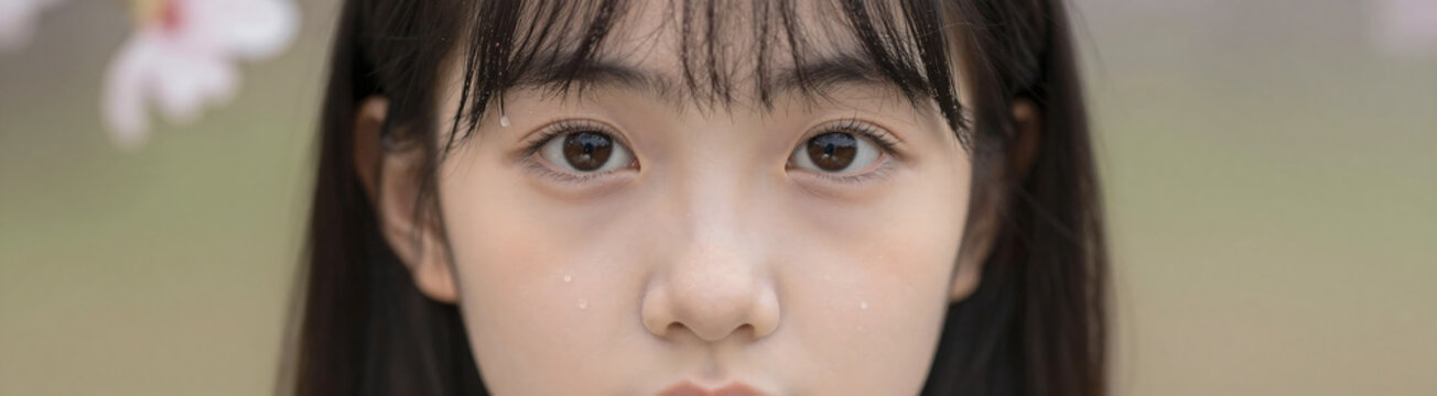 young girl face centered tight surrounded delicate petals tiny droplets water glistening soft natural