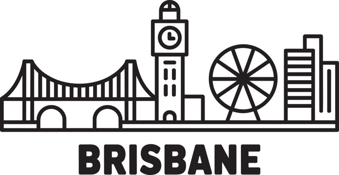 Brisbane city skyline architecture with bridge and ferris wheel in outline style on white background