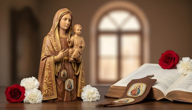 Wooden statue of Our Lady of Mount Carmel with scapulars for the Fiesta de la Virgen del Carmen celebration, a sacred image and biblical heritage concept in a church setting
