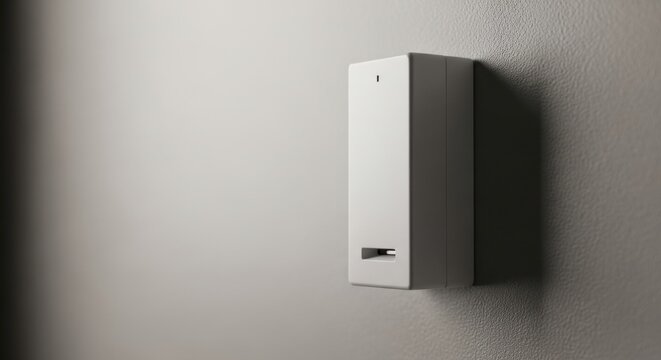 Modern white thermostat sensor mounted on a neutral grey wall, showcasing discreet temperature control technology for smart homes.