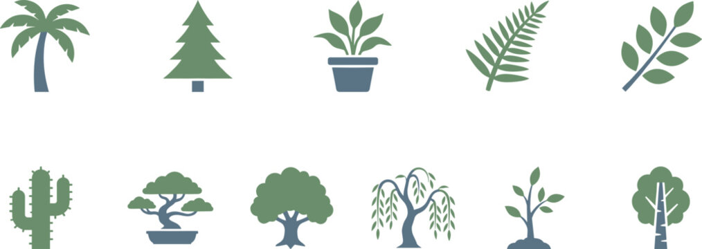 Minimal botanical icon set featuring tropical palm, pine, potted plant, fern, cactus, bonsai, willow, and leafy trees in flat style