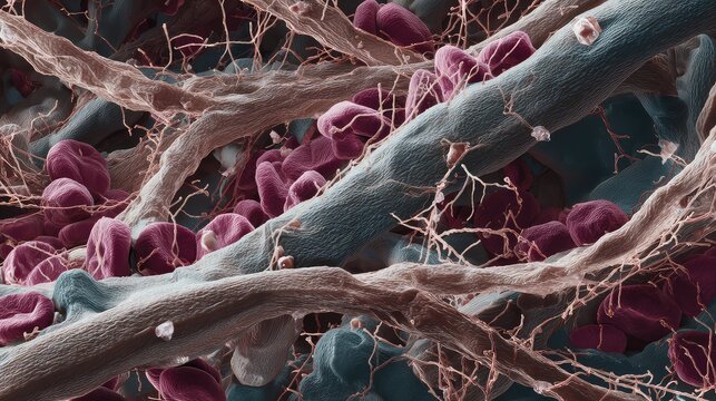 Blood cells red corpuscles and platelets trapped in an intricate fibrin fiber network, forming a microscopic blood clot essential for coagulation and wound healing