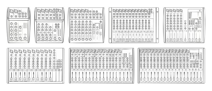 Audio mixing consoles set linear icons, professional sound mixer boards for recording studio, music production equipment collection, isolated outline vector illustrations of various multi-channel soun