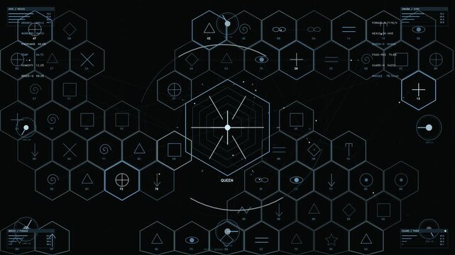 Futuristic Sci-Fi Hive Interface with Hexagonal Grid Data Visualization and Tactical Telemetry Readout