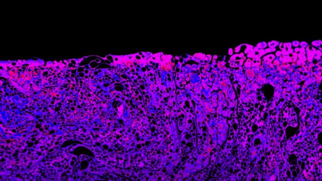 Purple and pink wildflowers glowing under ultraviolet light in dark environment
