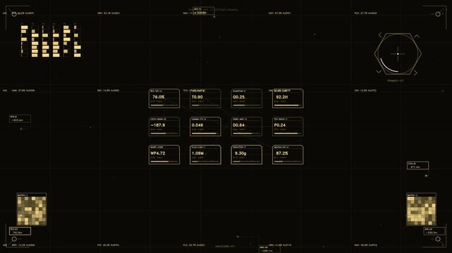 Futuristic HUD Interface with Amber Data Visualisation and Tactical Telemetry Readout on Dark Background
