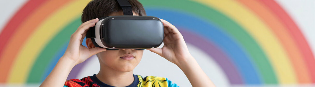vertical portrait teenage boy donning vr goggles vibrant print colorful rainbow background