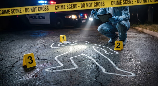 Crime scene investigation with forensic investigator and chalk body outline under police car lights at night.