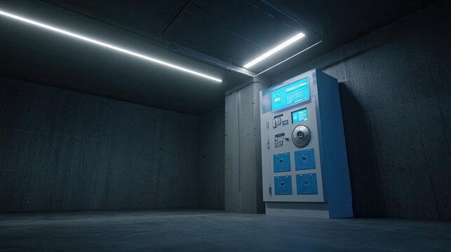 Automated retail machine standing against a raw concrete wall in a dimly lit, futuristic interior, offering self service and secure storage compartments