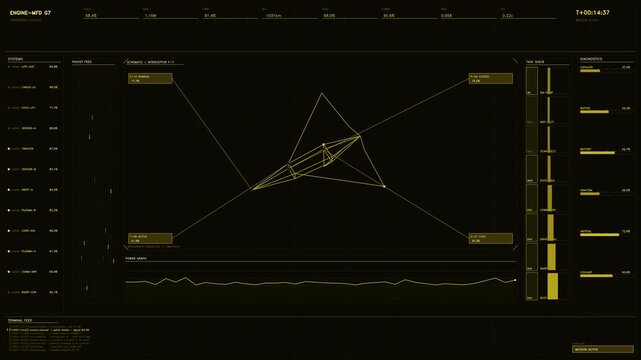 Futuristic amber sci-fi hud interface displaying spaceship telemetry and tactical mission control data visualization