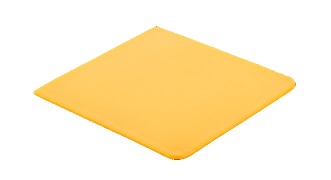 A single, bright yellow square cheese slice isolated on a white background