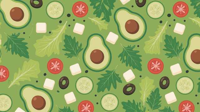 Seamless pattern of fresh avocado, tomato, and leafy greens on green background