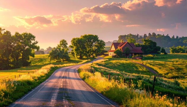 Golden Hour Countryside Road Leading to Farmhouse.