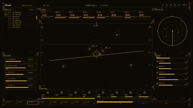 Futuristic amber HUD interface with telemetry data tactical radar and mission control status readouts