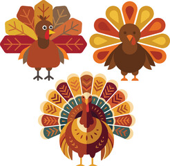 Naklejka premium Three stylized turkey illustrations with colorful plumage on white background