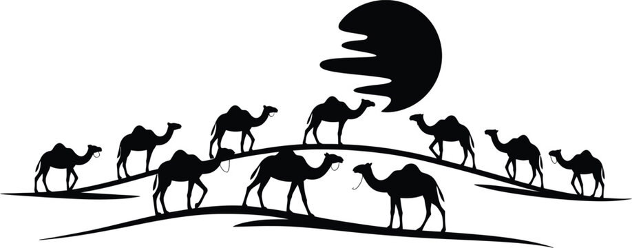 Silhouette of camels walking across desert dunes under a full moon with pack animal, beast of burden