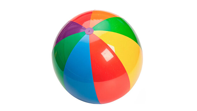 Colorful inflatable beach ball with stripes for summer vacation and poolside water fun activities isolated on transparent background
