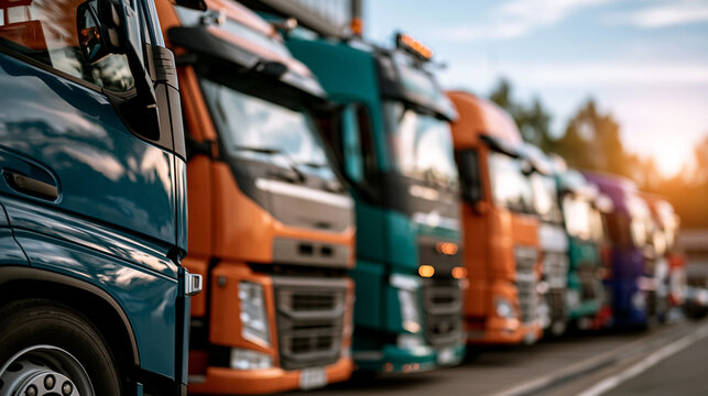 Row of colorful trucks organized and ready for cargo transport in bright outdoor environment professional fleet management with systematic vehicle arrangement and organized
