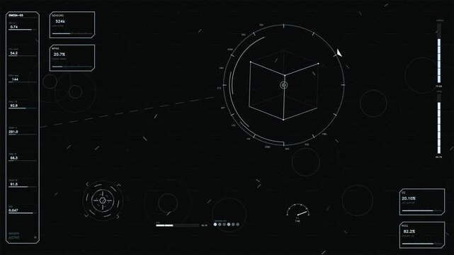 Futuristic minimalist sci-fi HUD interface with tactical data readouts and central radar display