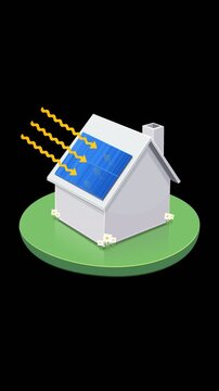 3D animation of a house using solar panels to capture sun rays, symbolizing renewable energy and environmental conservation. Chroma key green screen with alpha channel. (loopable)