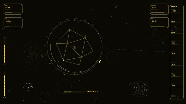 Futuristic Spaceship HUD Interface with Yellow Tactical Telemetry and Geometric Radar Display