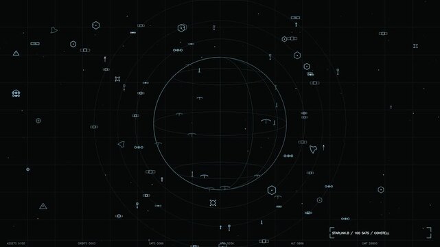 Futuristic HUD interface showing satellite tracking constellation around a wireframe globe with tactical telemetry