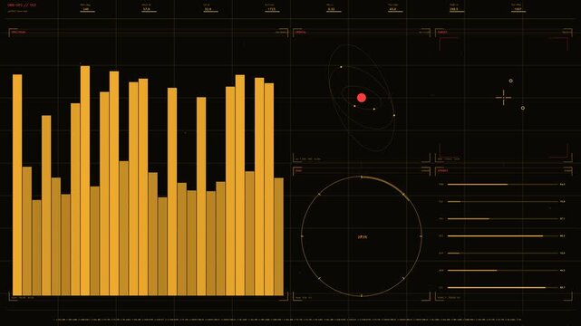 Futuristic HUD Interface with Orange Data Visualization Bars and Orbital Tracking Tactical Telemetry