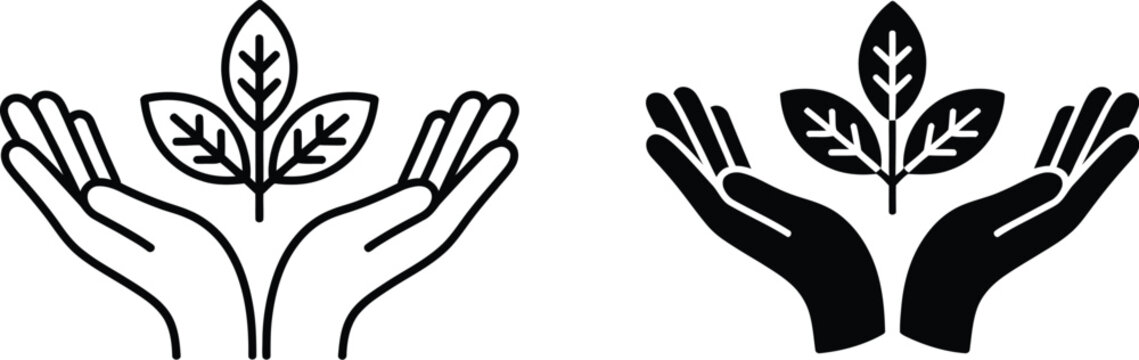Plant in hands icon set, minimalist vector illustrations featuring hands holding seedlings for ecology growth protection and environmental care symbolism.