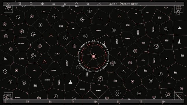 Futuristic HUD interface with tactical grid telemetry data and geometric data visualization dashboard