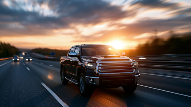 Pickup truck driving on open highway at golden sunset with warm atmospheric motion blur road travel with bright warm evening lighting and dynamic motion display contemporary