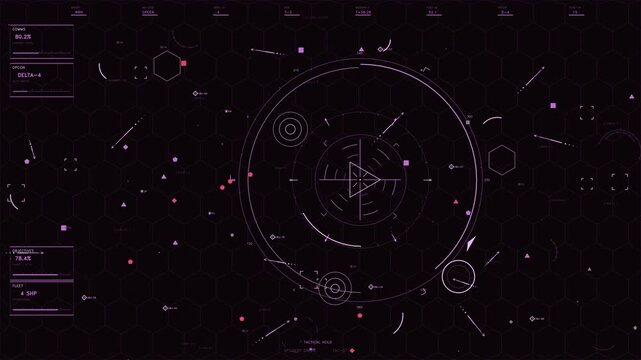 Futuristic Tactical HUD Interface with Pink Neon Data Visualization and Hexagonal Grid Background