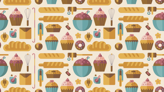 Colorful bakery pattern with cupcakes, bread, and baking tools on beige background