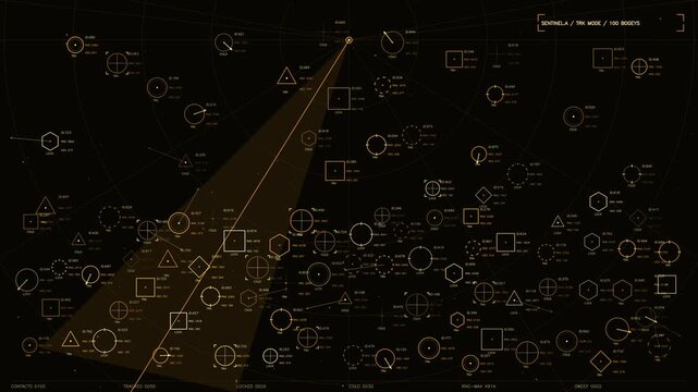 Futuristic amber tactical radar interface with tracking icons and telemetry data on dark background