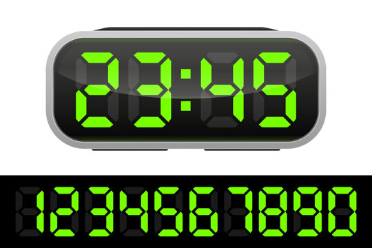 Digital Clock on white background. Alarm with digital number design. Clock icon for hour, watch, alarm signs. Vector illustration.